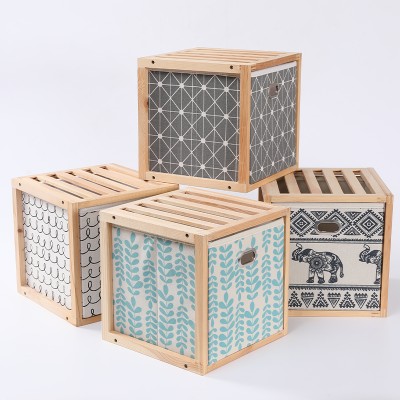 Wooden square storage basket inside the cloth art type of environmental protection storage basket